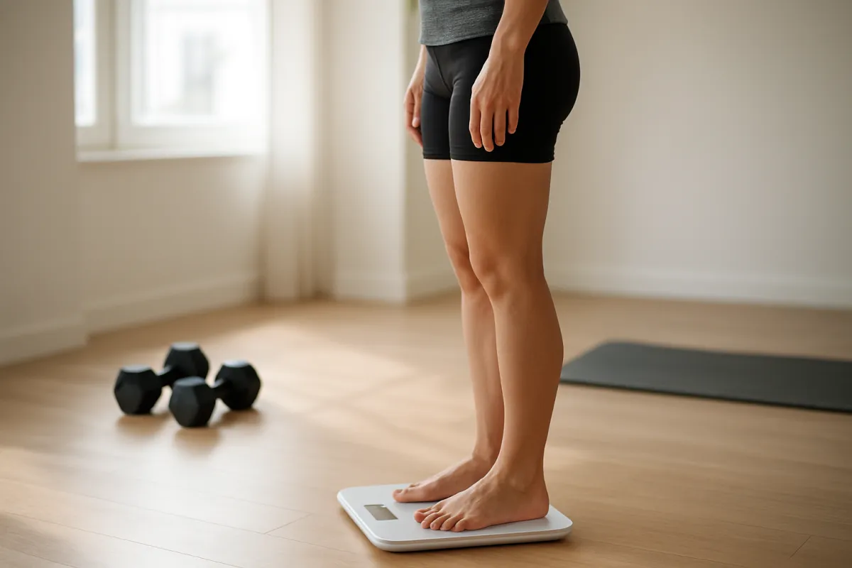 Adult measuring body weight on a smart scale in a home gym