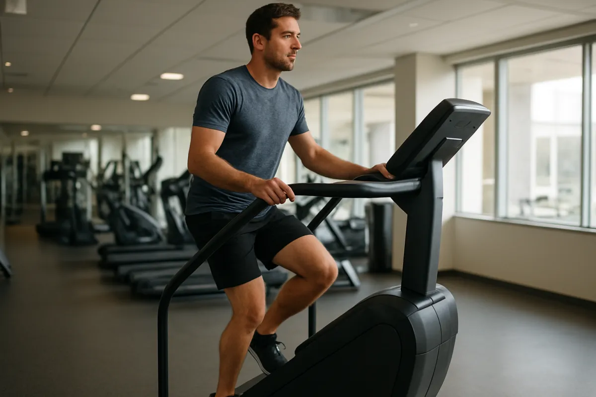 Adult using a stair climber with controlled upright posture in a gym