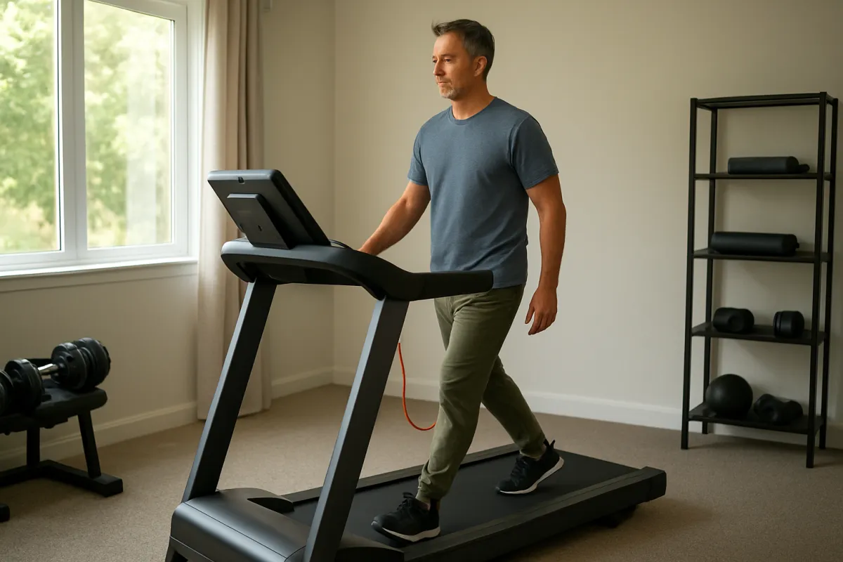 Adult walking comfortably on a treadmill in a home gym