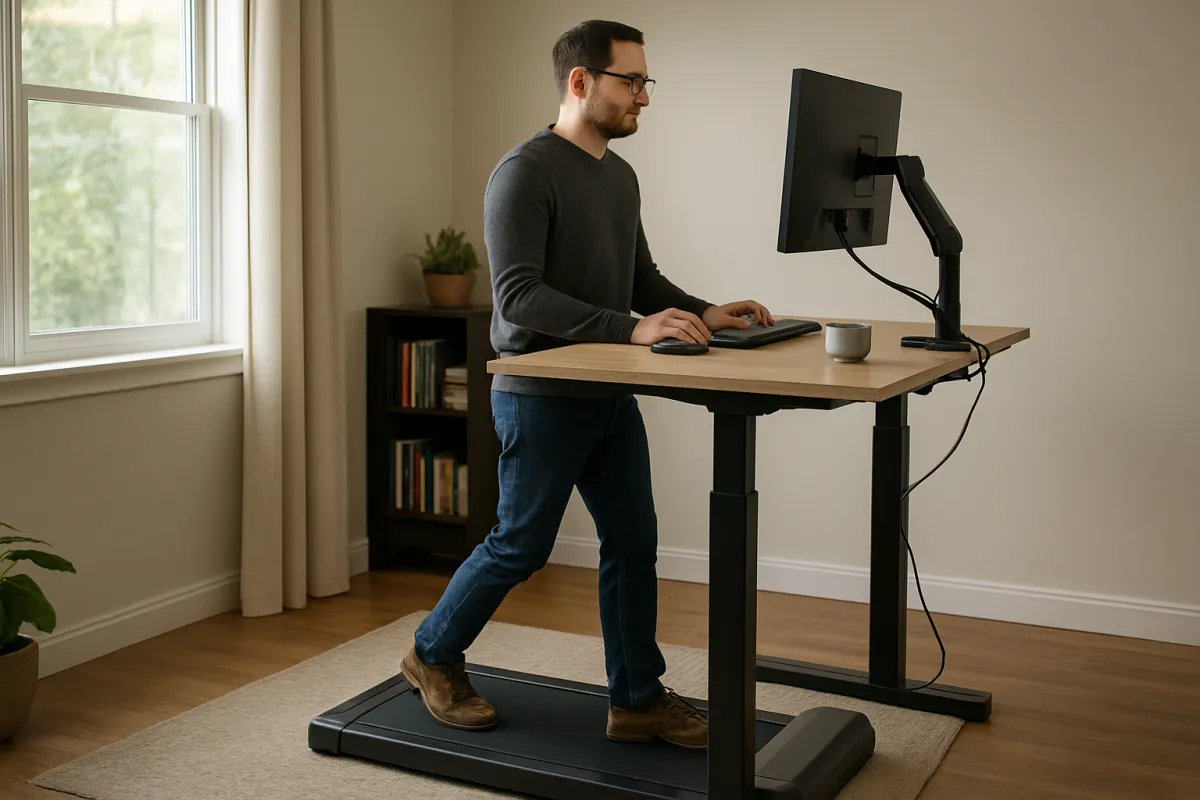 Adult using a compact walking pad beneath an ergonomic standing desk in a home office