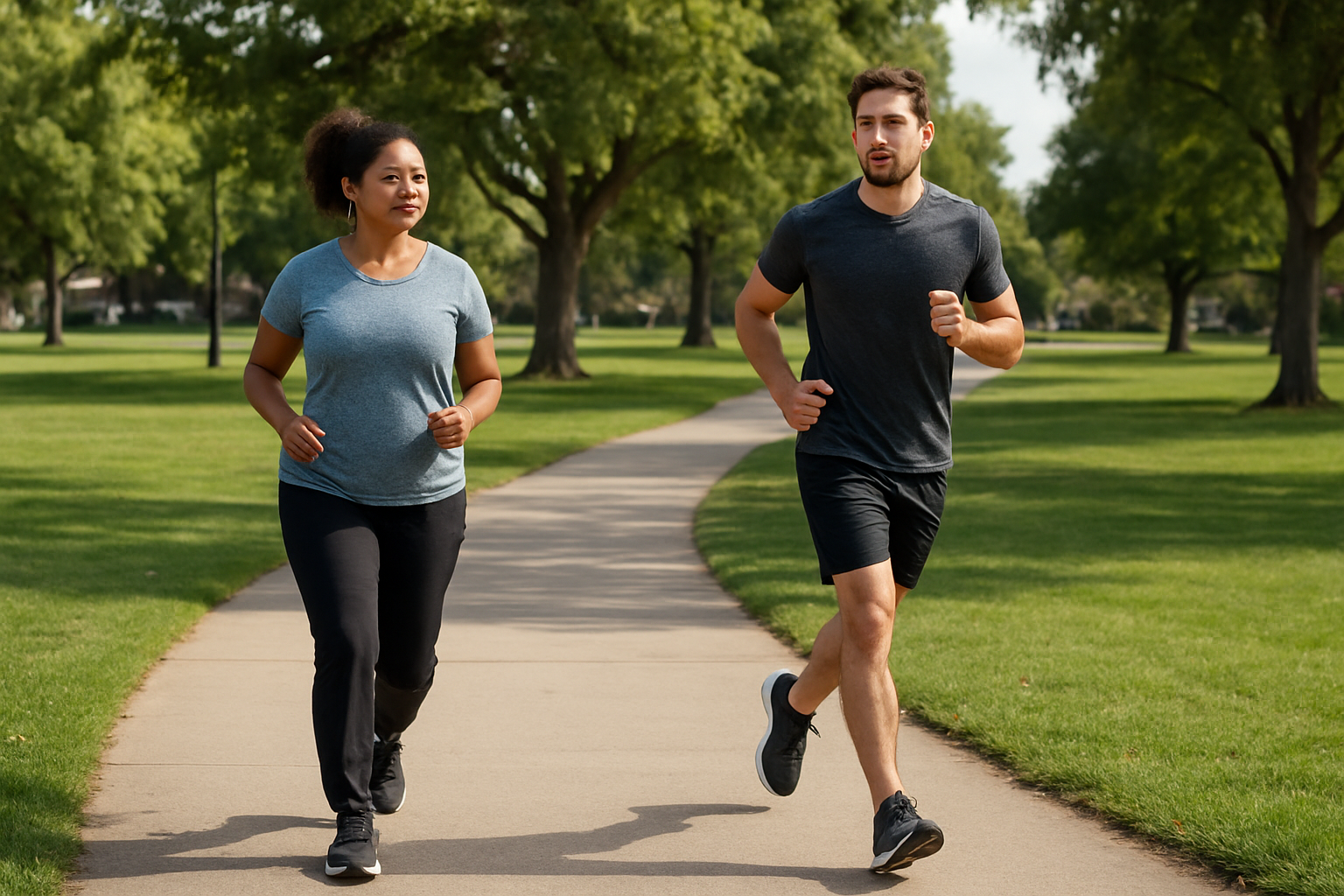 An adult walking and another jogging on parallel outdoor paths