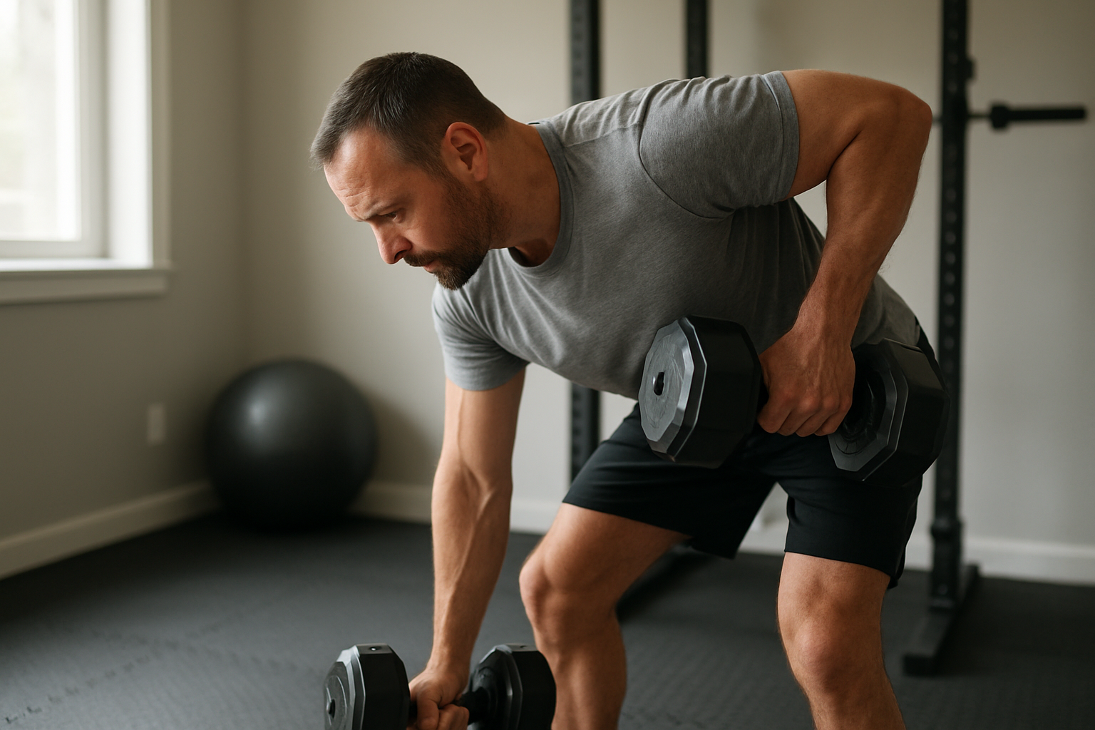 Adult performing a controlled dumbbell row in a home gym