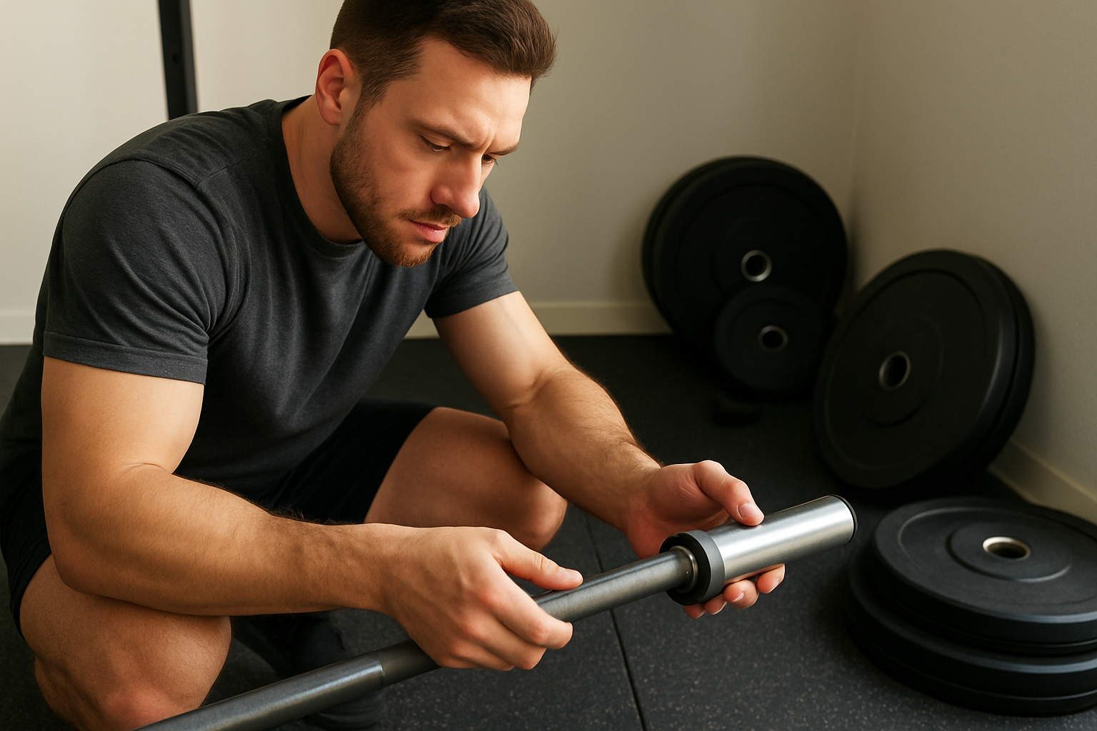 Beginner lifter checking barbell and weight plate compatibility in a home gym