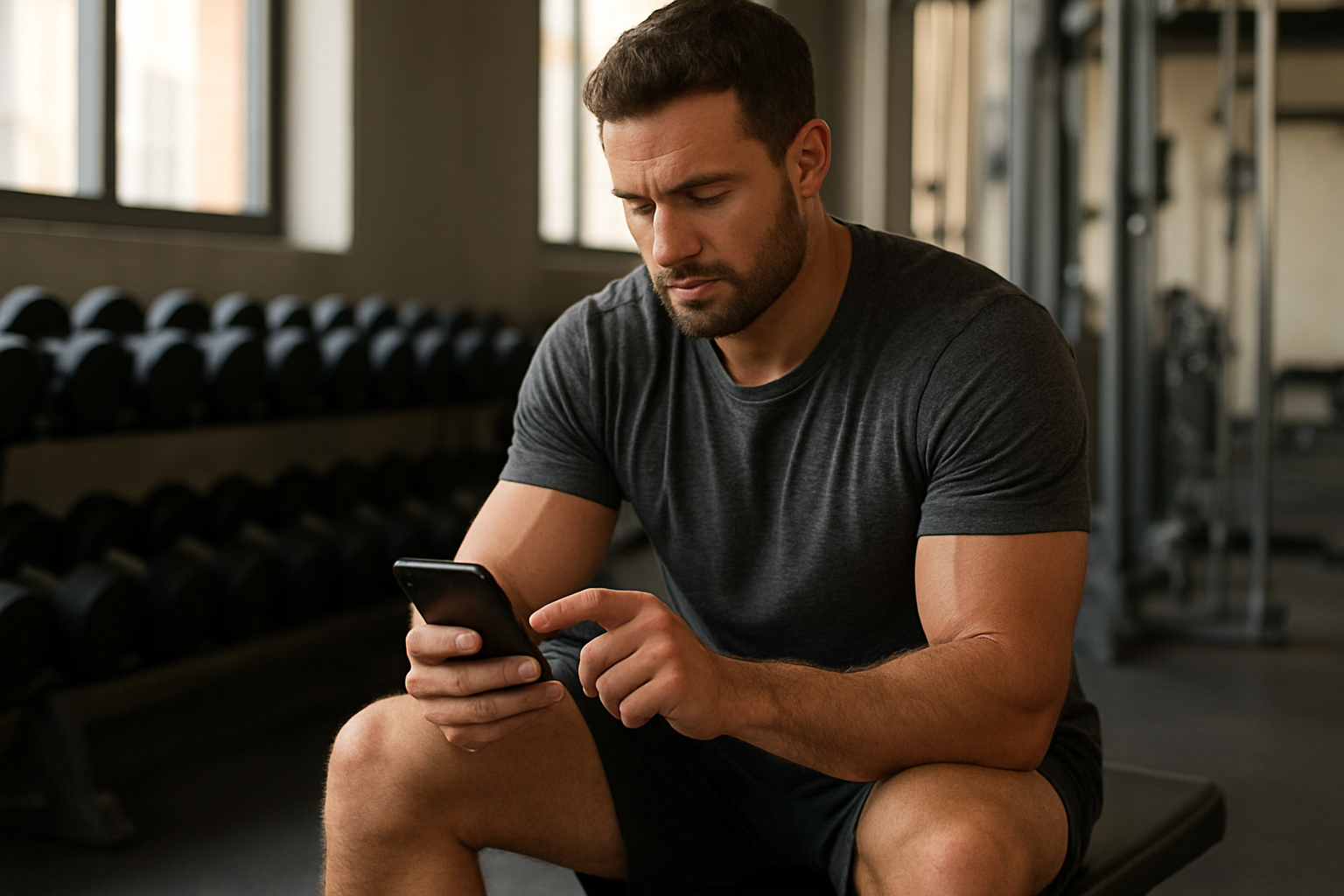 Person checking a personalized workout plan on a smartphone in a gym