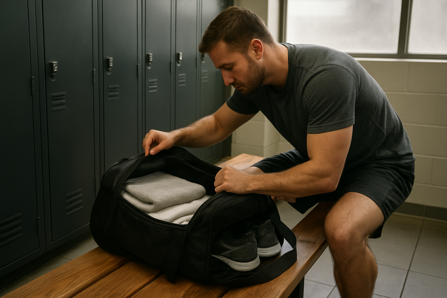 A gym duffel opened in a locker room with shoes and workout essentials organized inside