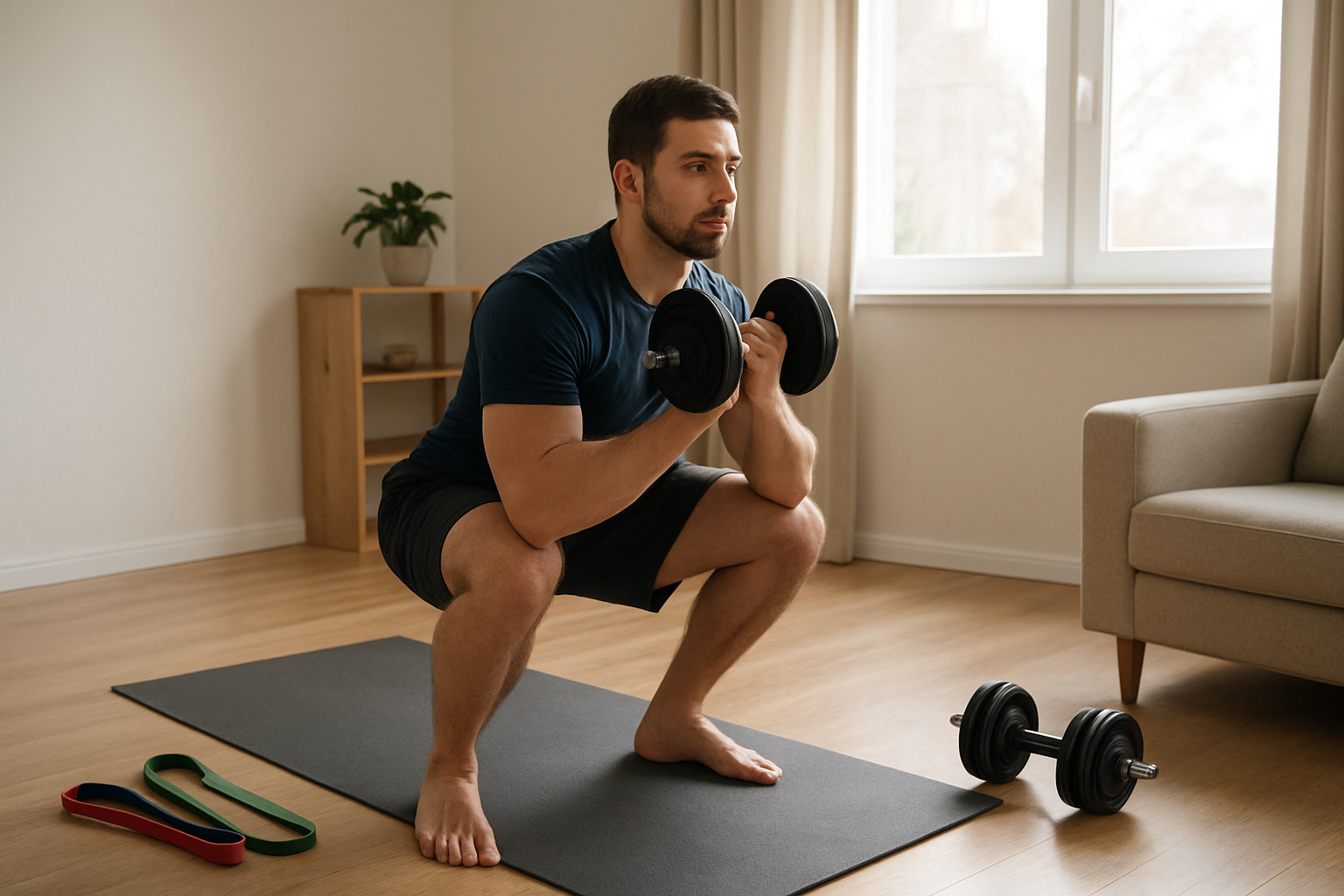 Beginner using adjustable dumbbells and resistance bands during a home workout