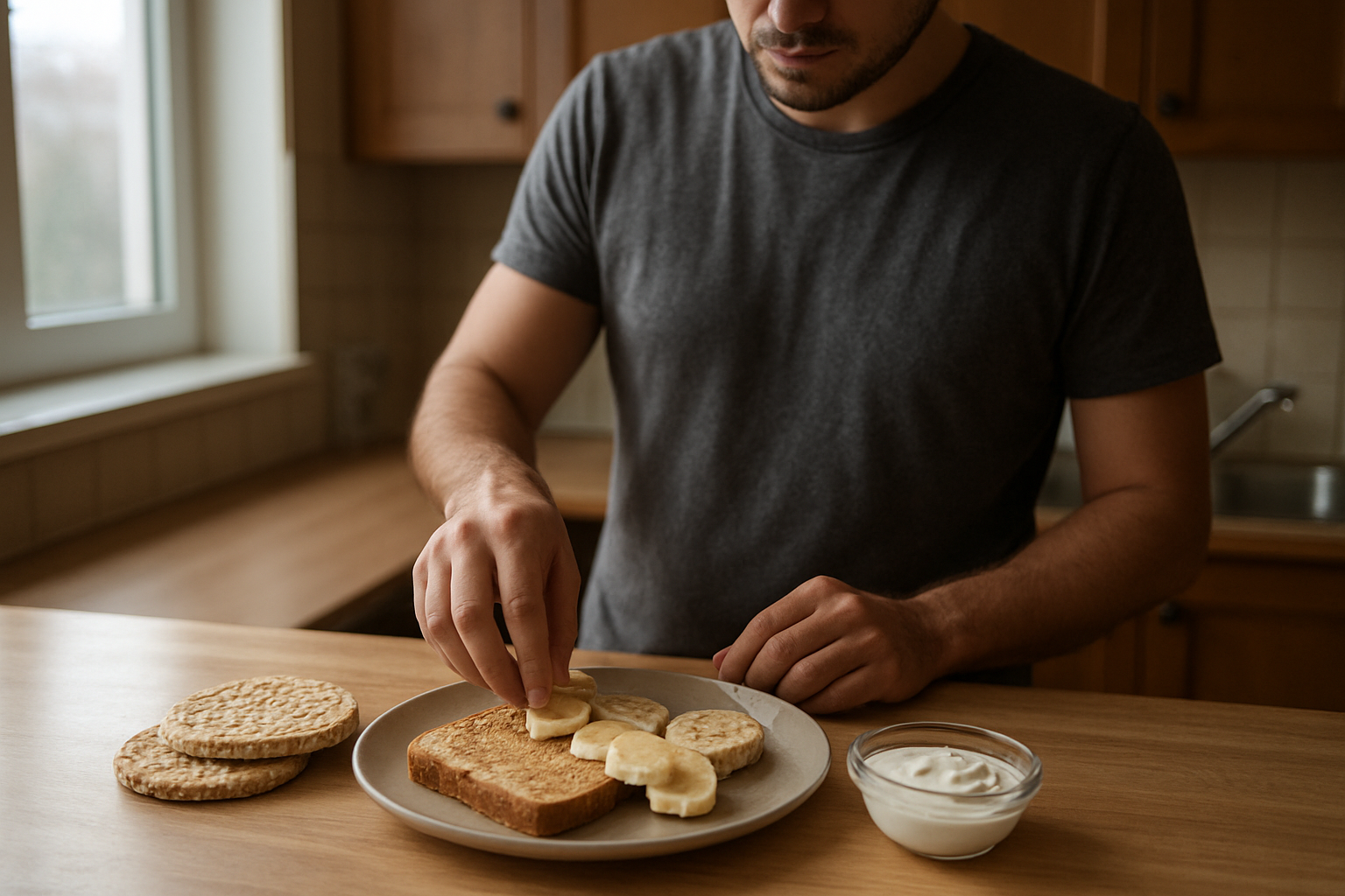 A simple early-morning pre-workout meal being prepared in a home kitchen