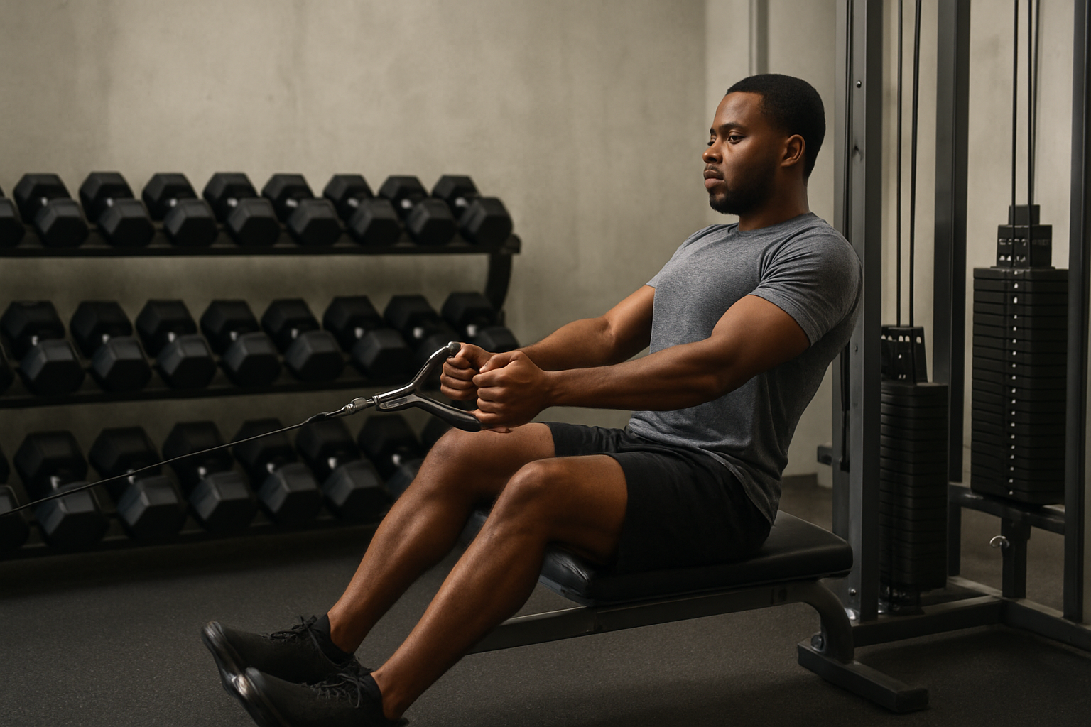 A gym user comparing cable machine and free-weight training equipment