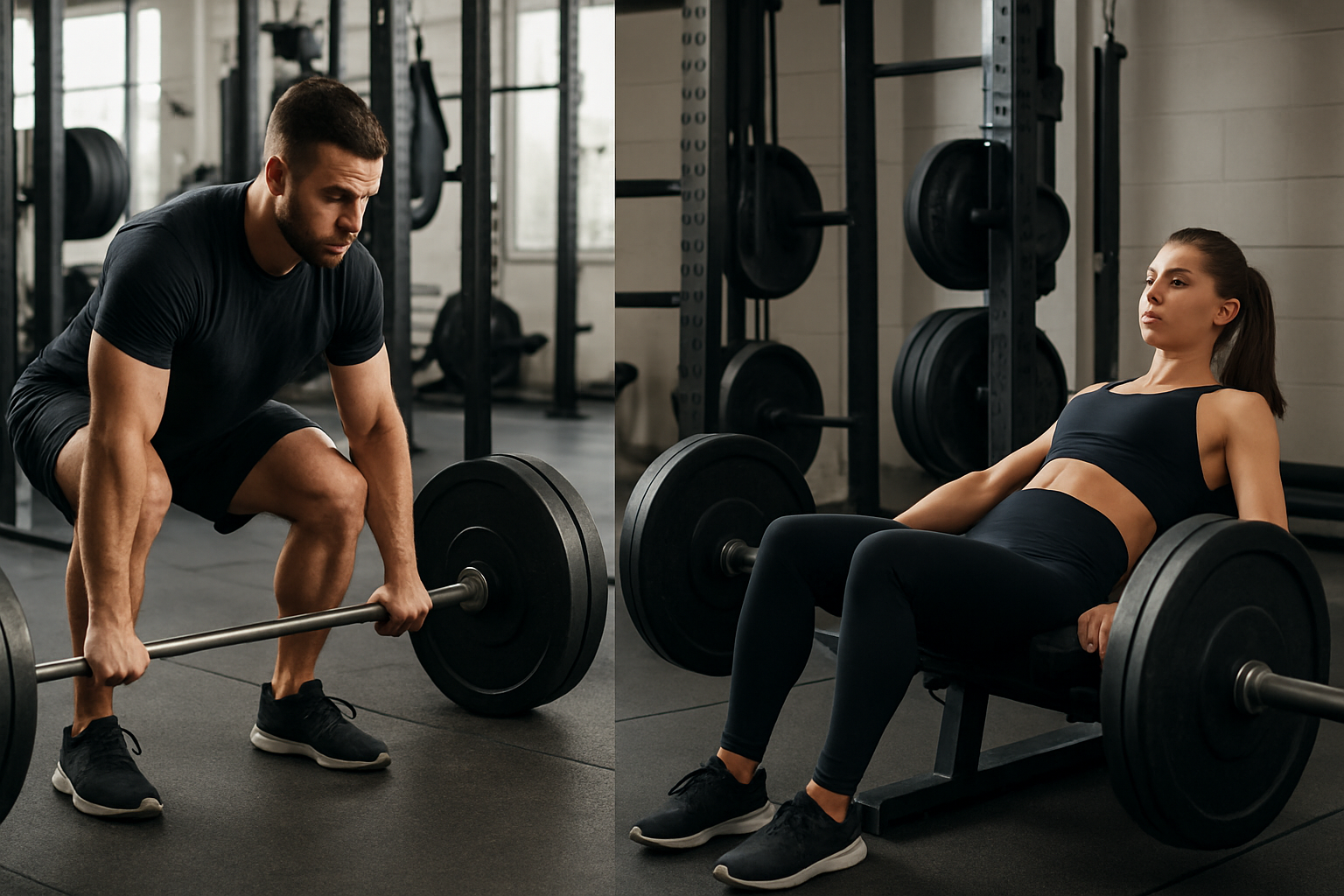 Athlete preparing for a deadlift and a barbell hip thrust in a gym