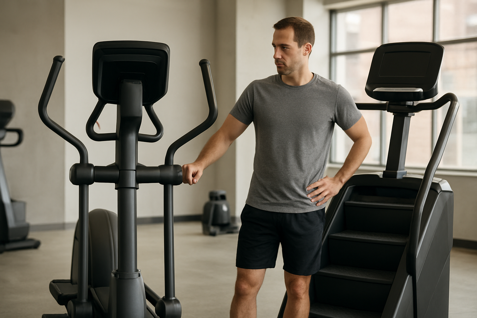 Elliptical trainer and stair climber in a modern gym