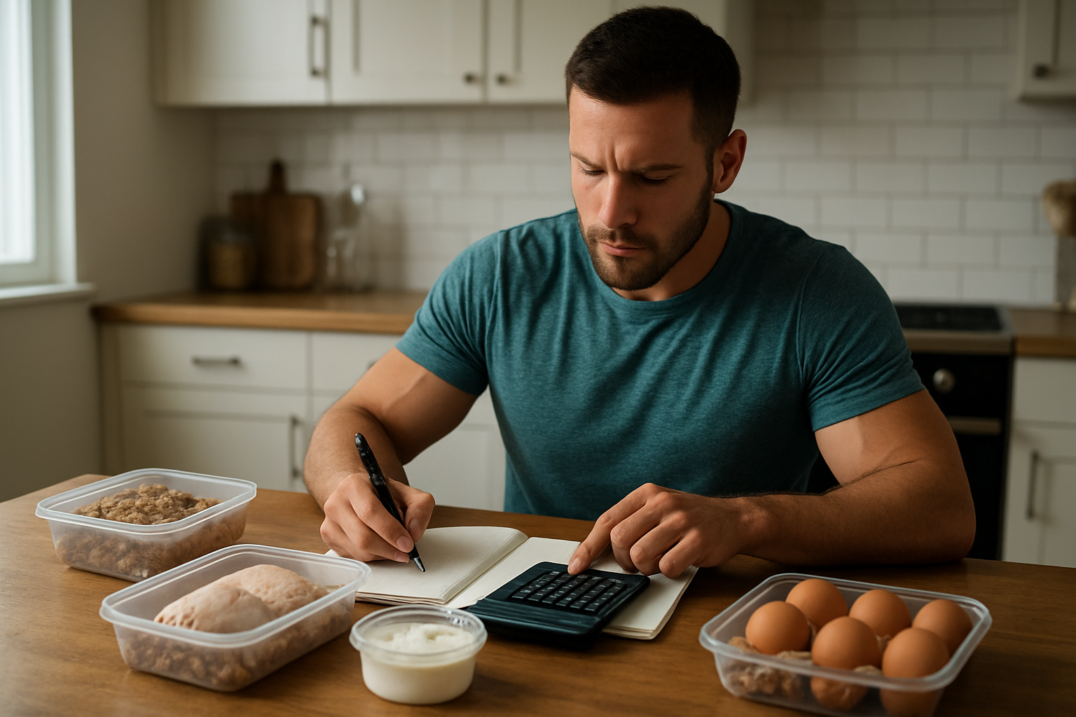 Person measuring protein-rich foods while planning a muscle-building diet