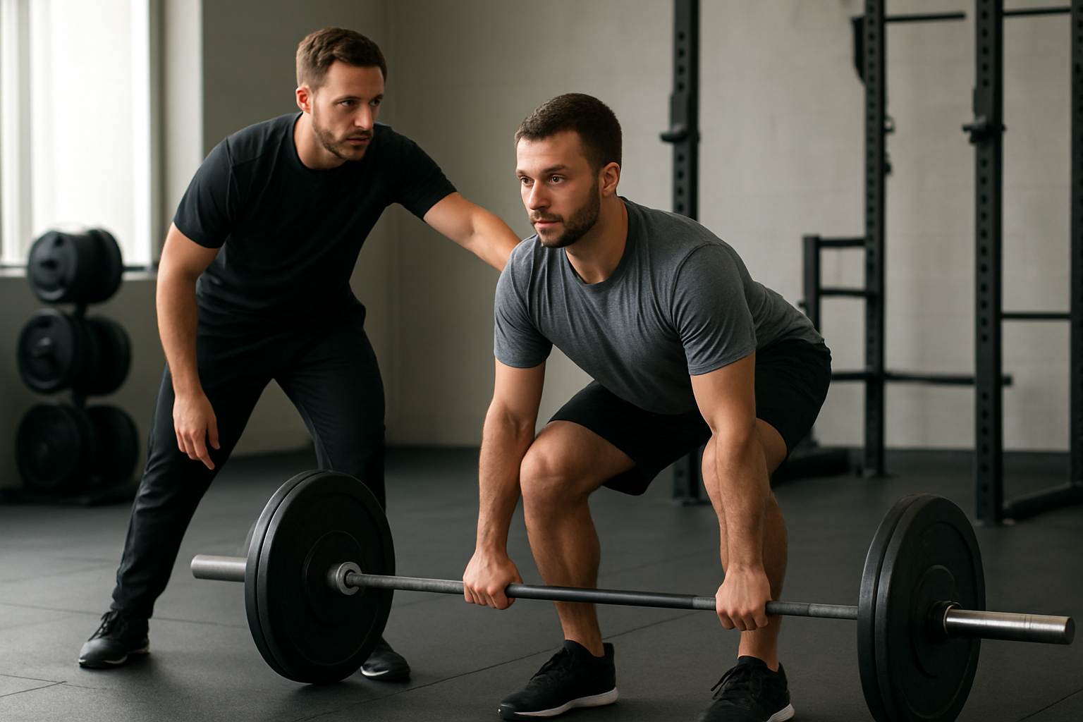 Coach checking a beginner’s deadlift form from the side