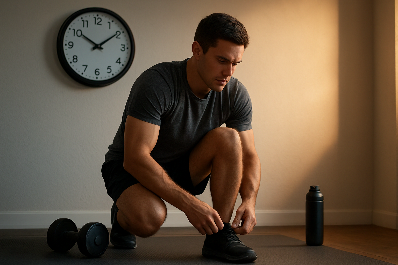Athlete comparing morning and evening workout timing in a realistic home gym
