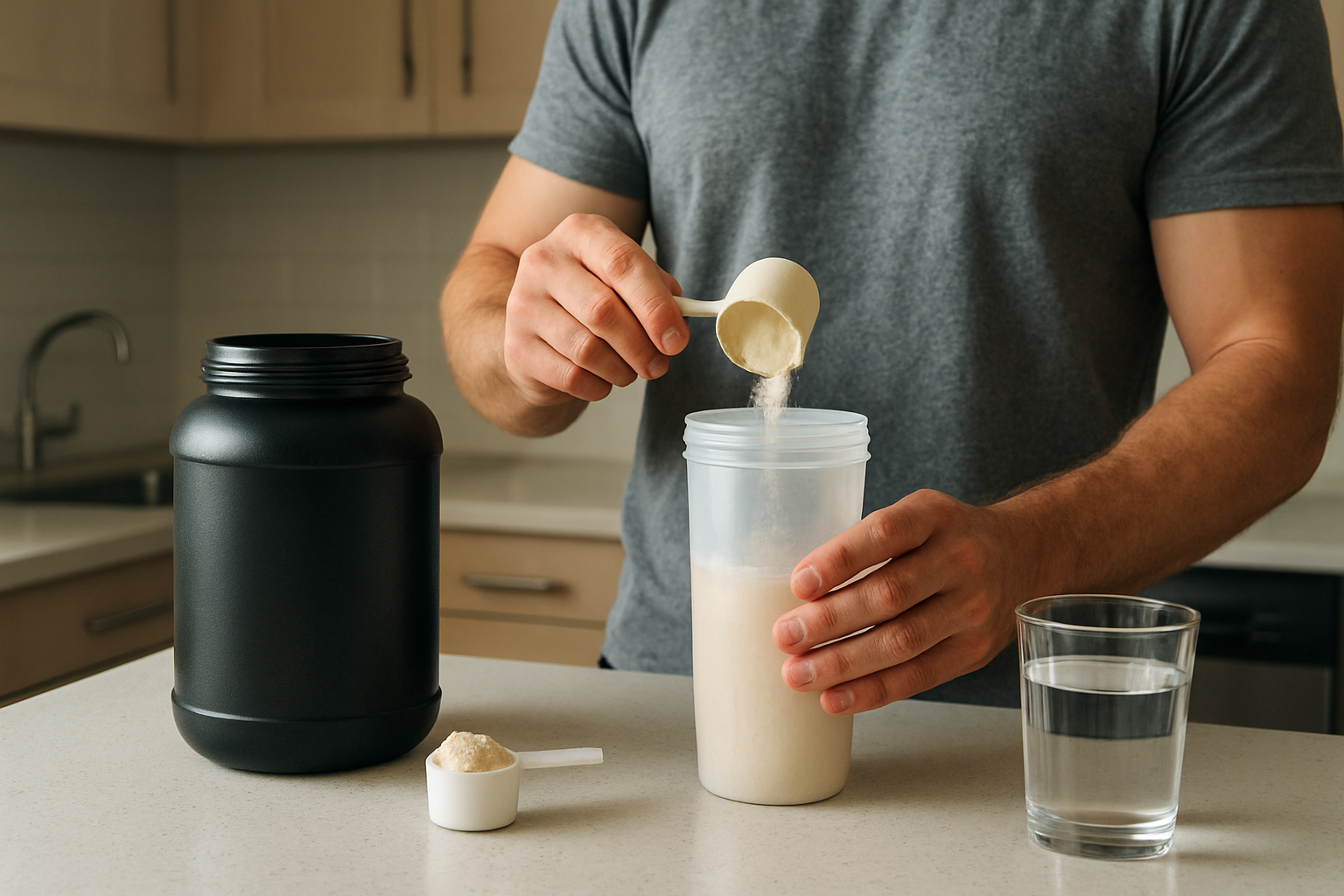 Person preparing a protein shake in a wide-mouth shaker bottle at home