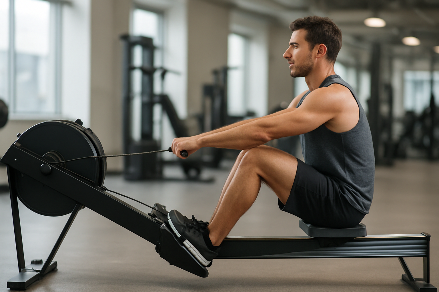 Adult demonstrating controlled rowing machine technique in a modern gym